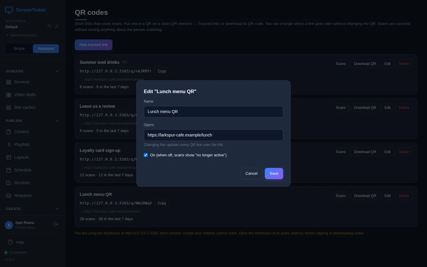 The Edit Lunch menu QR form, with Name, Opens set to the lunch page, the hint Changing this updates every QR that uses the link, and a ticked checkbox On (when off, scans show no longer active).