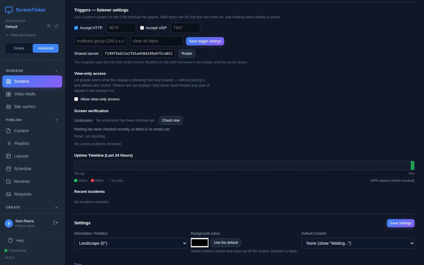 The Triggers — listener settings section on a screen's Device Info tab. Accept HTTP is ticked with the port box showing 8079, Accept UDP is not ticked, there are boxes for a multicast group and a clear-all token, a Save trigger settings button, and a Shared secret of 32 letters and digits with a Rotate button.